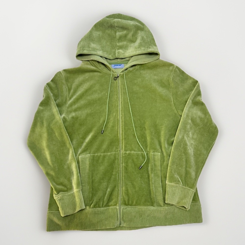 Pacer Womens Y2K Green Velour Hoodie Small Full Zip VTG Athleisure Casual Spring